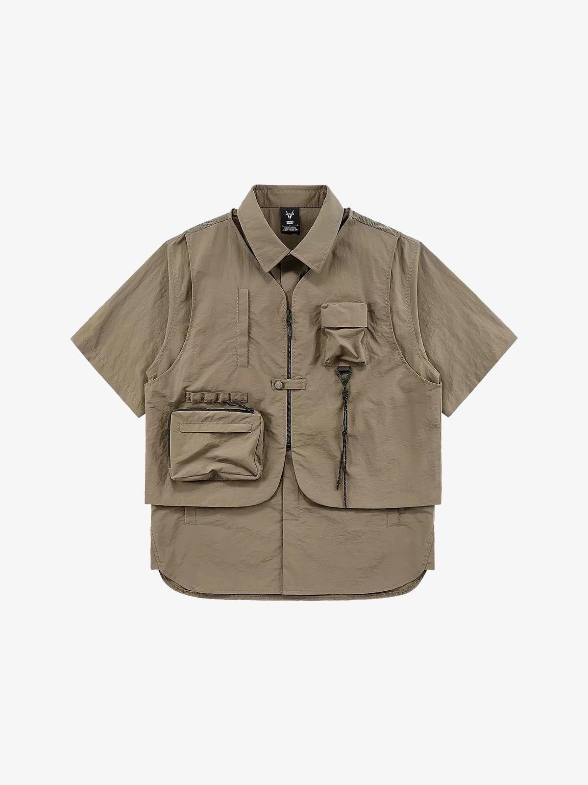 Multi Vest Pockets Two Pieces T-Shirt Khaki, M - Streetwear T-Shirts - Slick Street