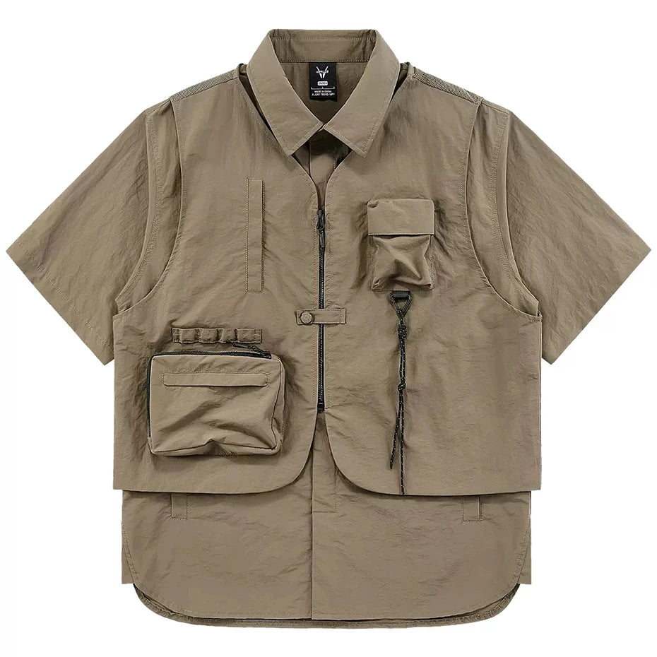 Multi Vest Pockets Two Pieces T-Shirt Khaki, M - Streetwear T-Shirt - Slick Street