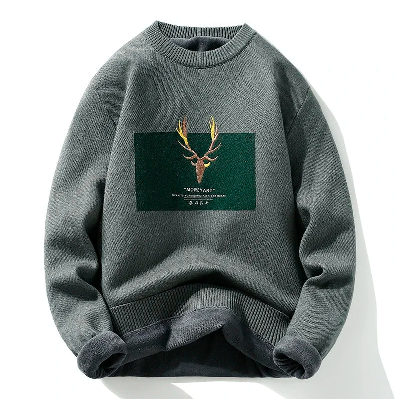 Deer Padded Velvet Pullover Sweater Green, XXXL - Streetwear Sweater - Slick Street