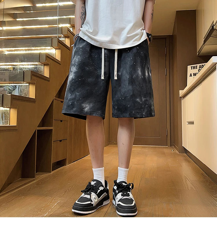 Tie-Dye Denim Texture Knee Length Shorts ,  - Streetwear Shorts - Slick Street