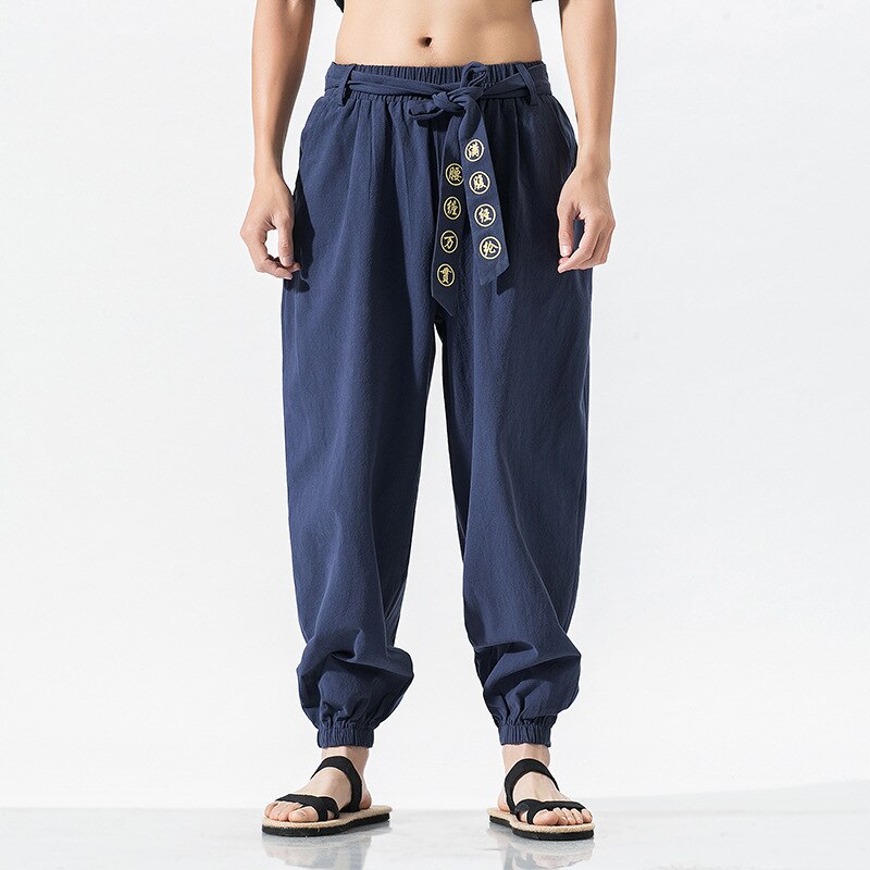 Japanese Embroidered Ribbon Tie Style Pants XS, Navy - Streetwear Pants - Slick Street