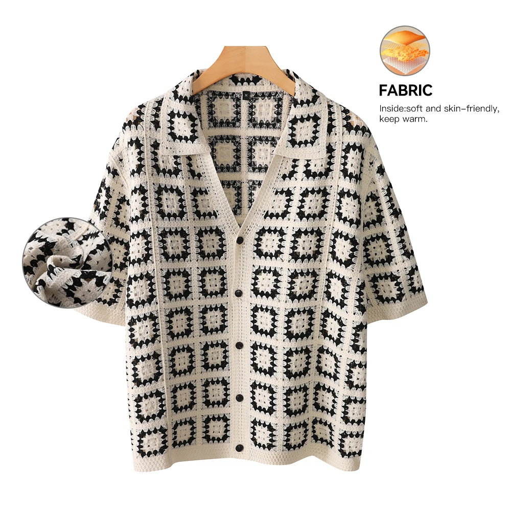 V-Neck Knitted Short Sleeve Shirt , - Streetwear Shirt - Slick Street