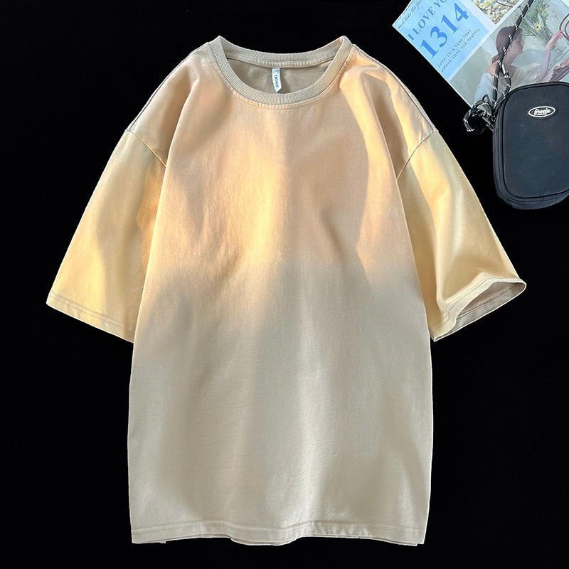 Gradient Washed Color Short Sleeves T-Shirt Khaki, M - Streetwear T-Shirt - Slick Street