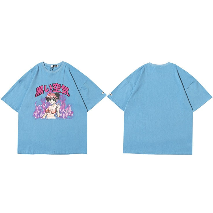 Japanese Anime Fire Girl T-Shirt Blue, M - Streetwear T-Shirt - Slick Street