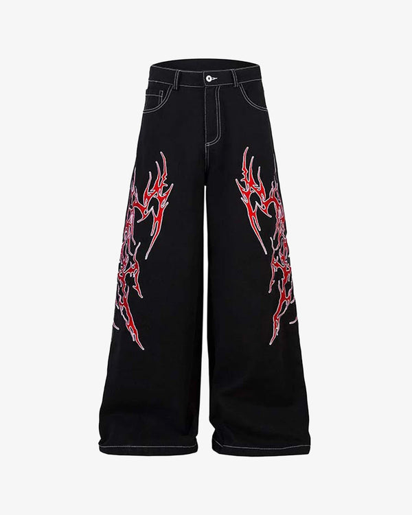 Flame Embroidery Straight Leg Jeans