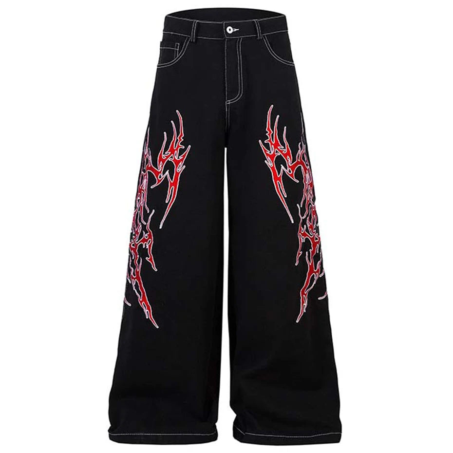 Flame Embroidery Straight Leg Pants Black, M - Streetwear Pants - Slick Street