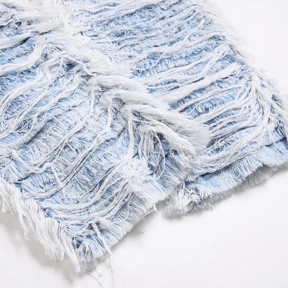 Light Blue Fringe Destroyed Pants , - Streetwear Pants - Slick Street