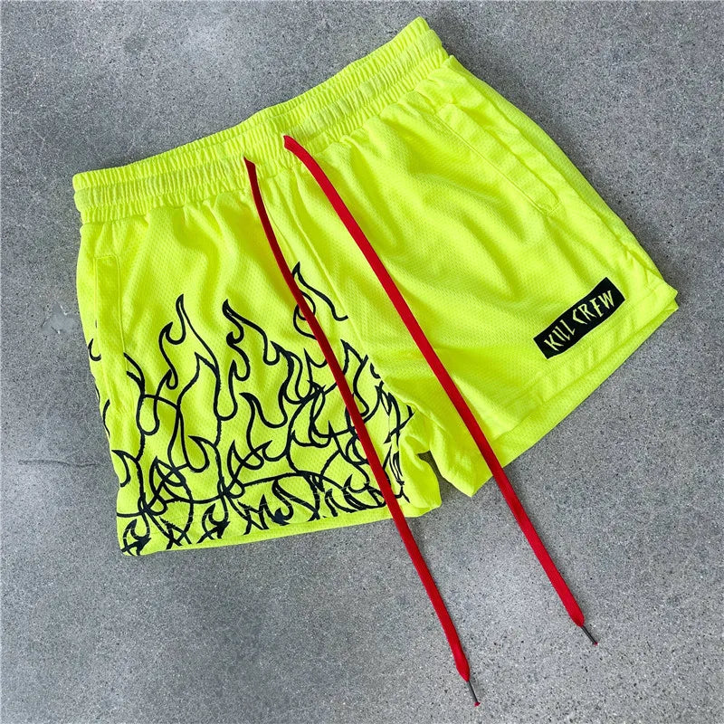 Hot Rod Fire Flame Pattern Shorts Green, XXL - Streetwear Shorts - Slick Street