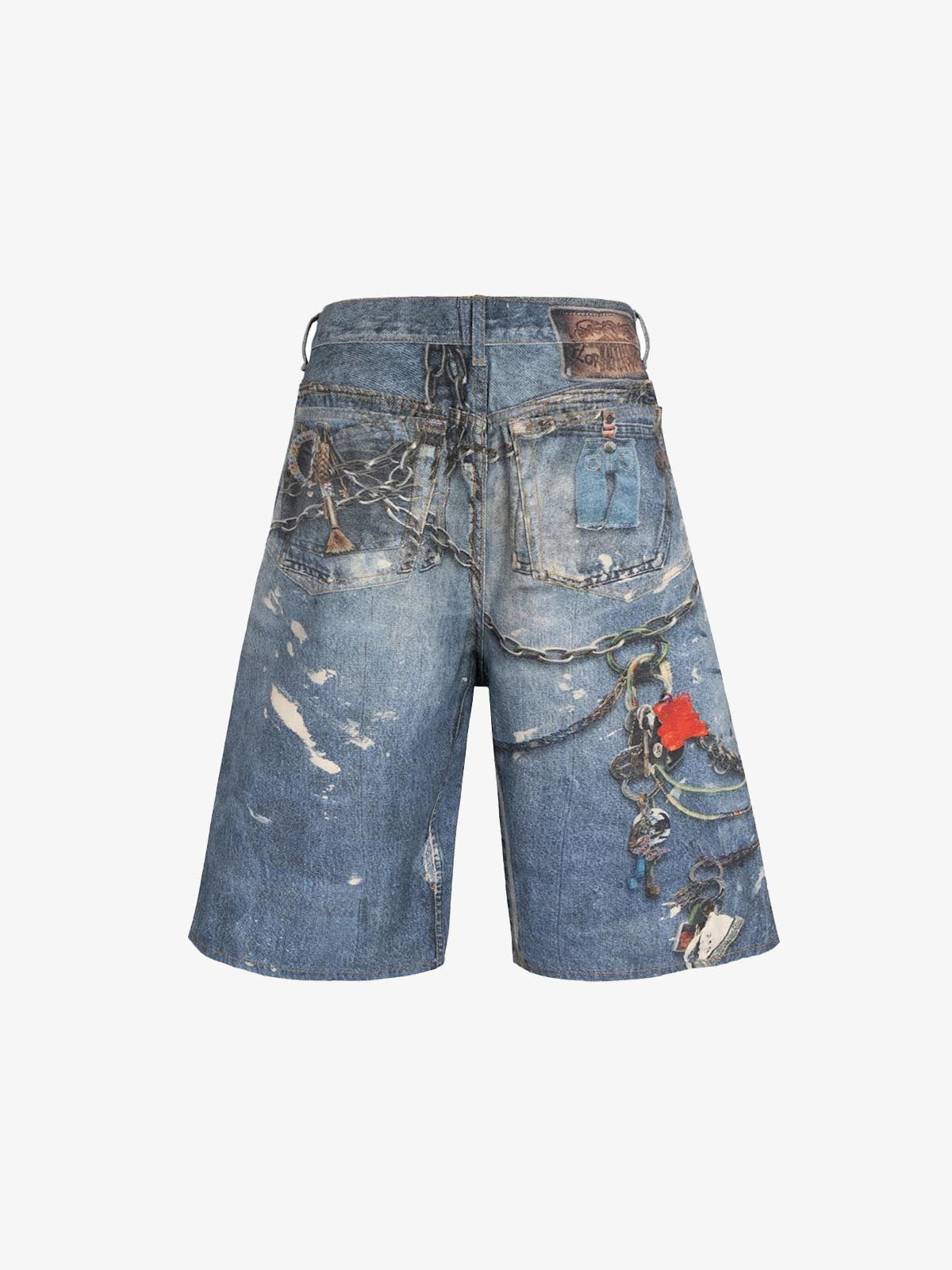 Hanging Keychain Graphic Denim Shorts , - Streetwear Shorts - Slick Street