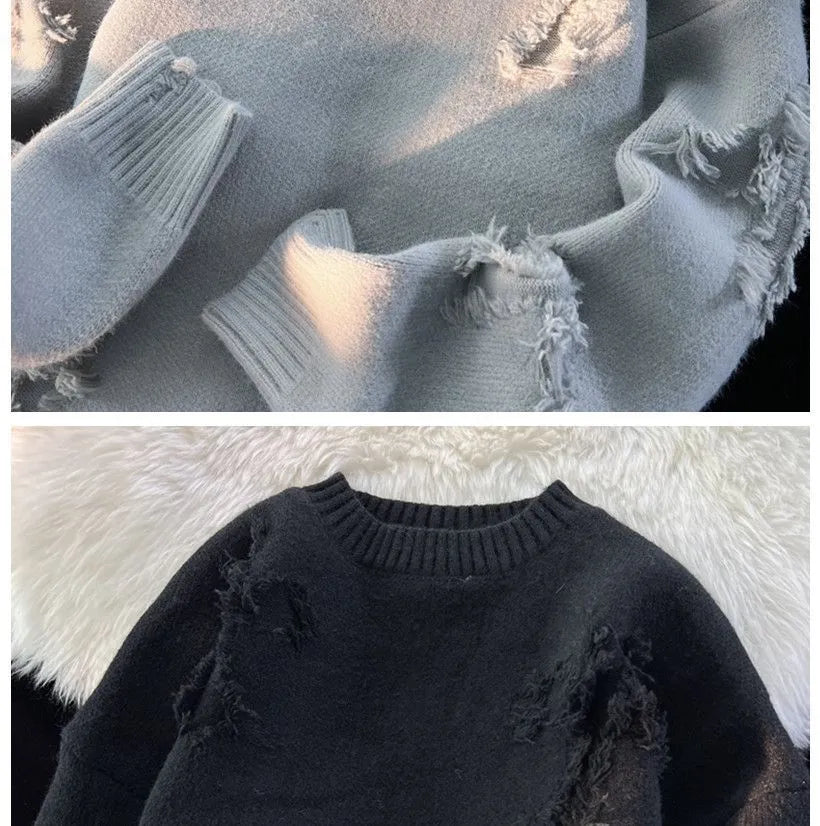 Ripped Y2K Two Shaded Fringed Sweater ,  - Streetwear Sweater - Slick Street