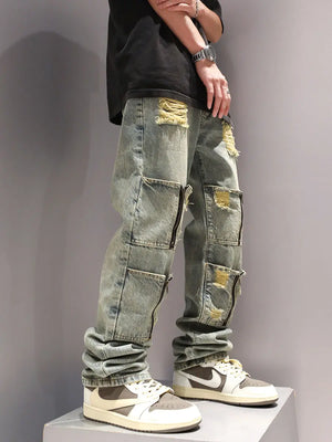 SK5 Multi Zipper Ripped Jeans ,  - Streetwear Pants - Slick Street