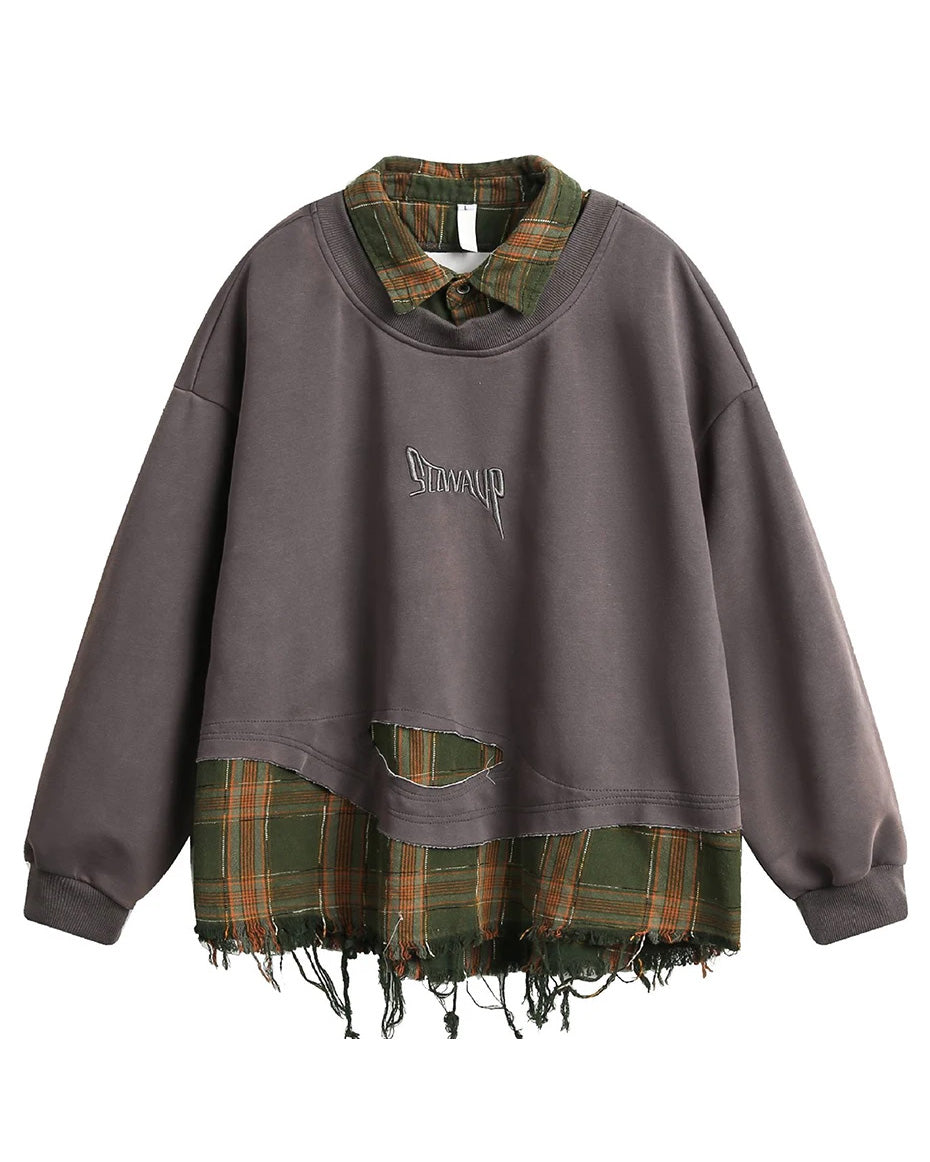 False Two Pieces Plaid Pullover Sweatshirt , - Streetwear Sweatshirt - Slick Street