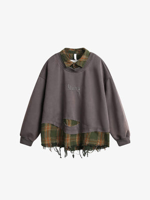 SP Two Pieces Plaid Pullover Sweatshirt Gray, M - Streetwear Sweatshirts - Slick Street