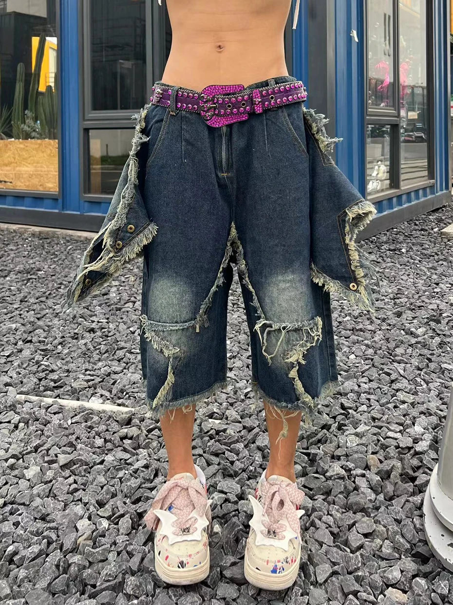 Blue Denim Tassel Star Shorts , - Streetwear Shorts - Slick Street