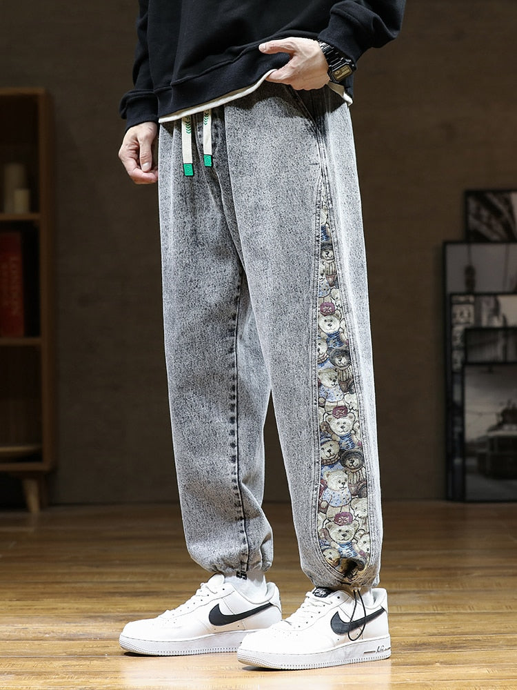 Designer Bear Patchwork Denim Pants ,  - Streetwear Pants - Slick Street
