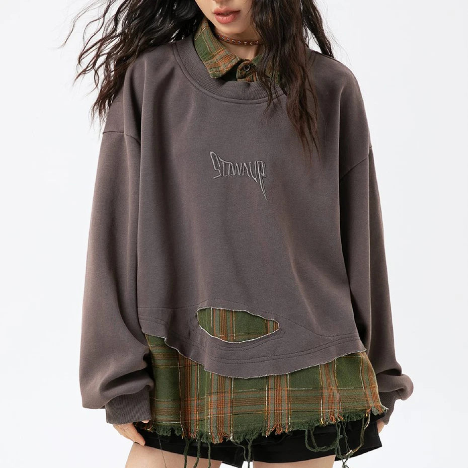 False Two Pieces Plaid Pullover Sweatshirt , - Streetwear Sweatshirt - Slick Street