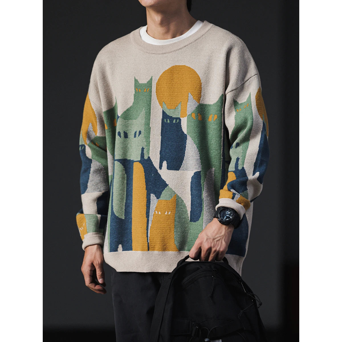 Moonnight Cat Abstract Crew Neck Sweater ,  - Streetwear Sweater - Slick Street