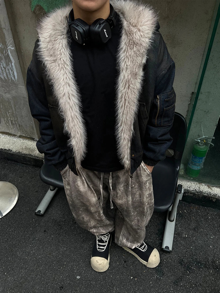 Coal Black Washed Fur Hooded Jacket , - Streetwear Jacket - Slick Street