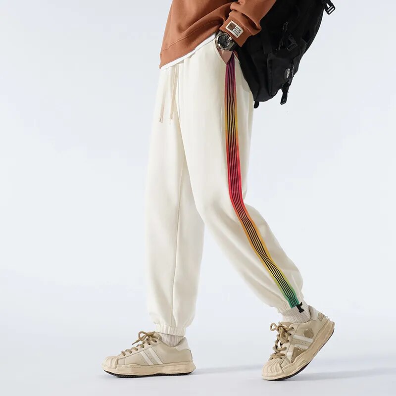 Rainbow Color Stripe Jogger Pants Beige, XS - Streetwear Pants - Slick Street