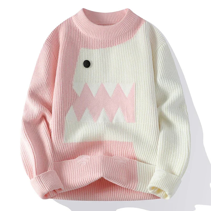 Splicing Half Dinosaur Knitwear Sweater Pink, XS - Streetwear Sweater - Slick Street