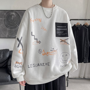VEGUANZHE Emoji Pattern Pullover Sweatshirt White, M - Streetwear Sweatshirts - Slick Street