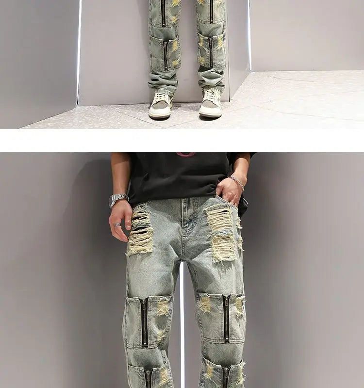 SK5 Multi Zipper Ripped Jeans ,  - Streetwear Pants - Slick Street