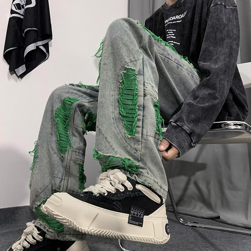 Denim Streetwear Ripped Patches Pants ,  - Streetwear Pants - Slick Street