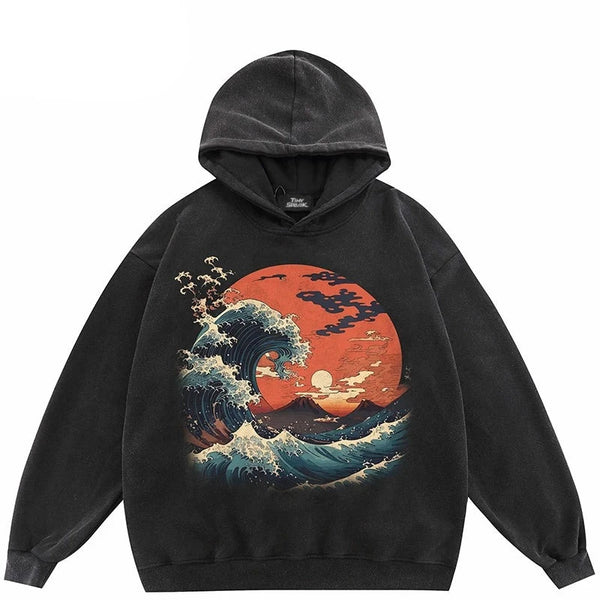 Dusty Color Full Moon With Wave Graphic Hoodie Black, S - Streetwear Hoodie - Slick Street