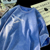 Flying Bat Graphic Gothic Washed Corduroy T-Shirt Blue, XS - Streetwear T-Shirt - Slick Street