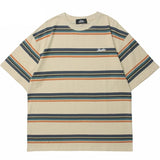 Varied Color Striped Pullover T-Shirt Khaki, S - Streetwear T-Shirts - Slick Street