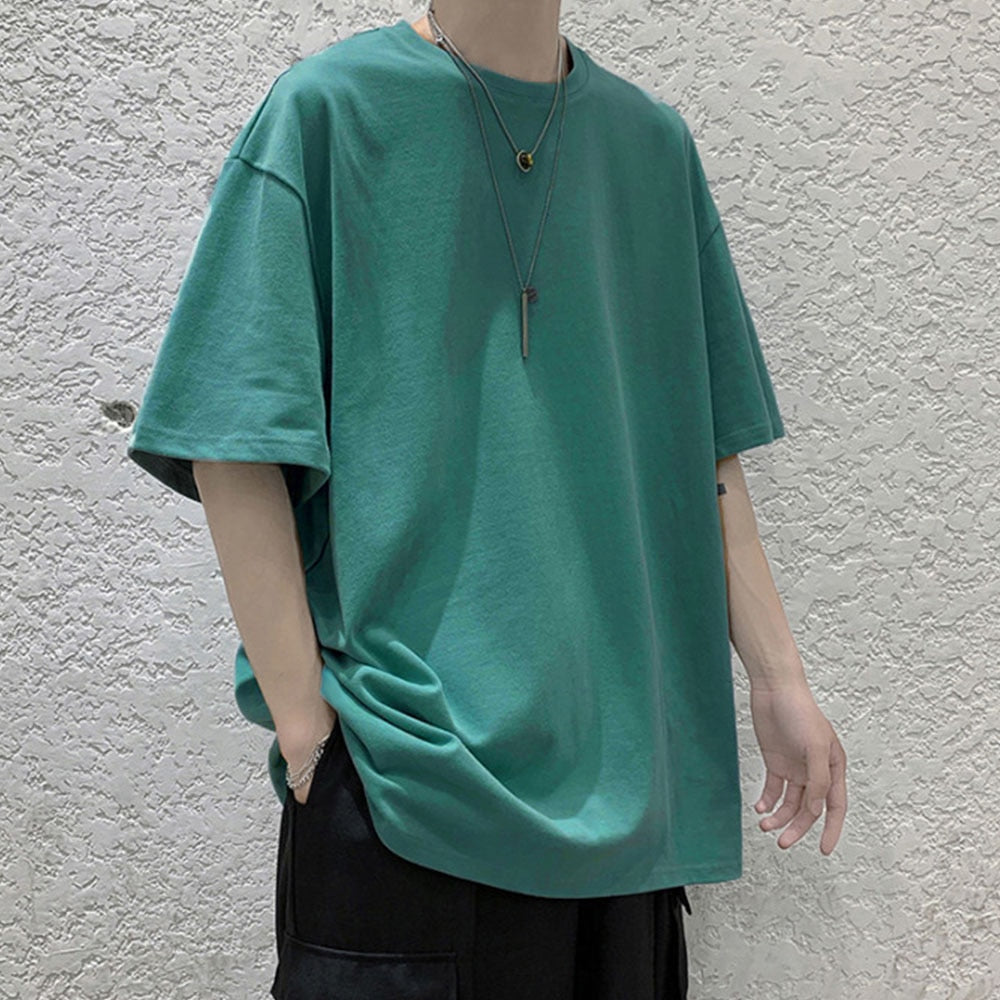 Loose Round Neck Plain T-Shirt Green, S - Streetwear T-Shirts - Slick Street