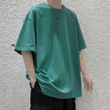 Loose Round Neck Plain T-Shirt Green, S - Streetwear T-Shirts - Slick Street