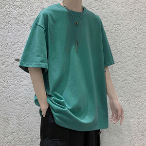 Loose Round Neck Plain T-Shirt Green, S - Streetwear T-Shirts - Slick Street