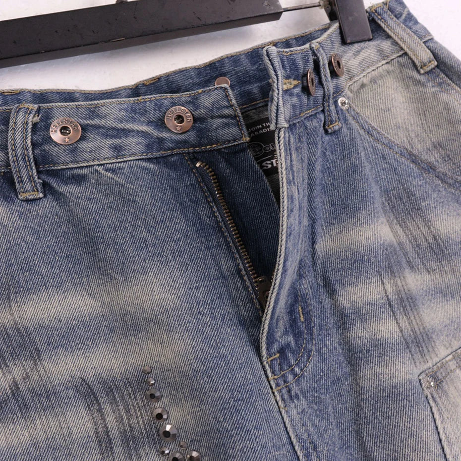 Fire Diamond Denim Rhinestone Shorts , - Streetwear Shorts - Slick Street