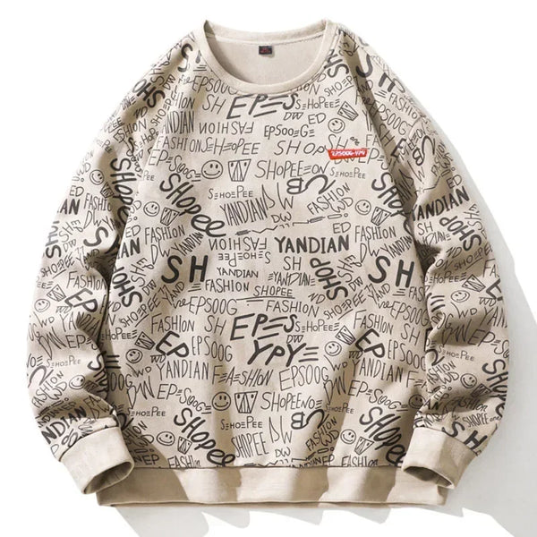 Letter Printing O-Neck Sweater Beige, XS - Streetwear Sweater - Slick Street