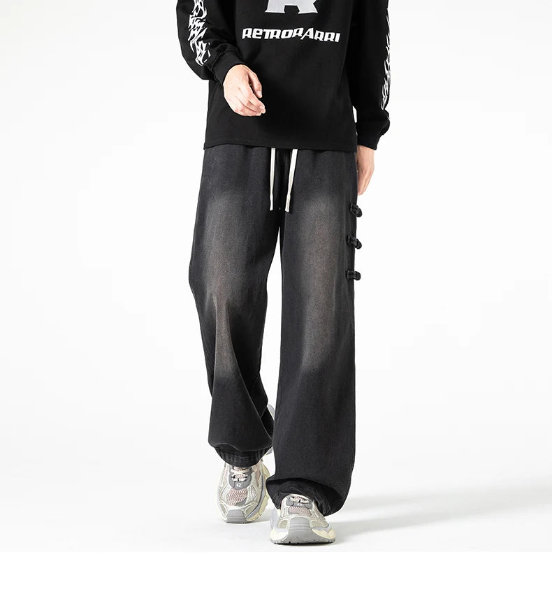 Straight Legs Side Coil Button Pants , - Streetwear Jeans - Slick Street