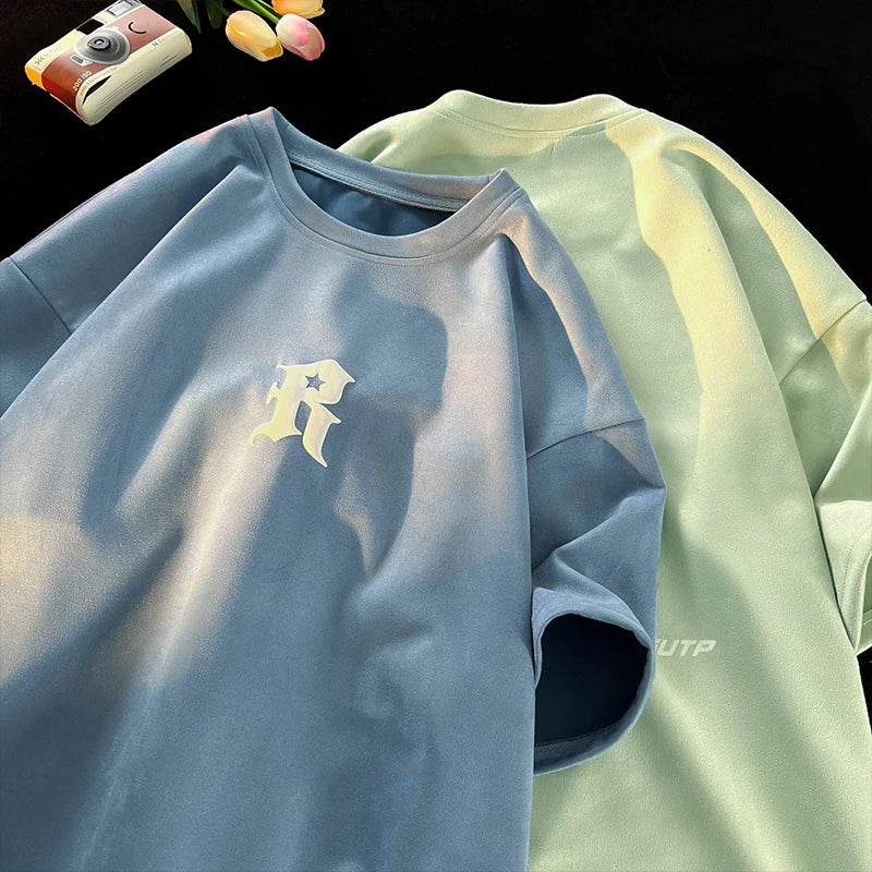 Letter R Foaming Embroidery Loose T-Shirt , - Streetwear T-Shirts - Slick Street