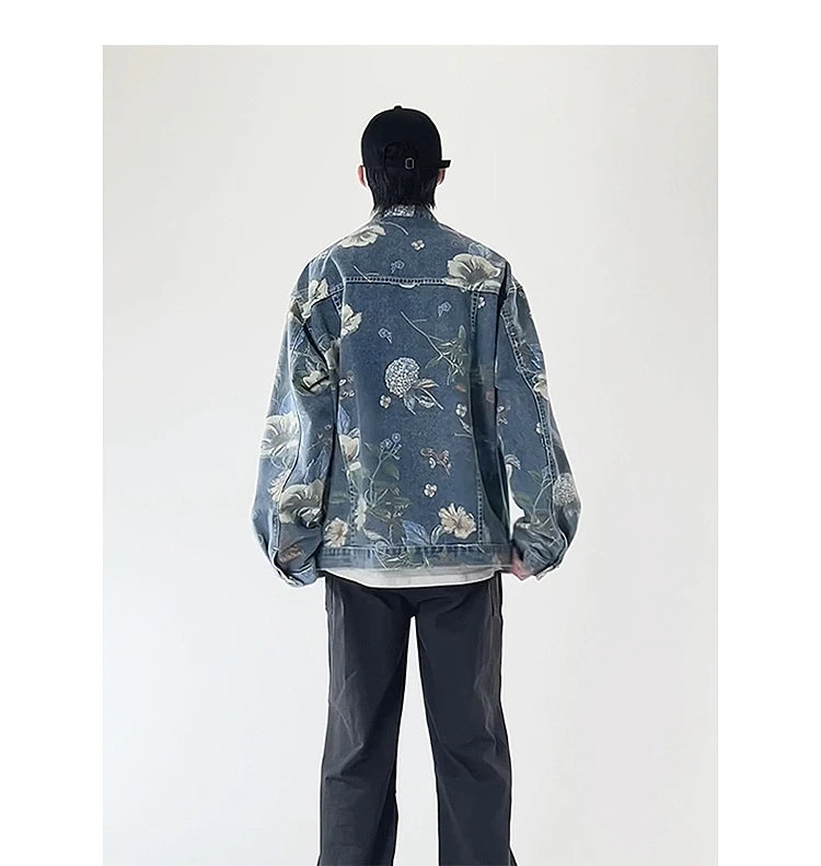 Vintage Floral Abstract Art Denim Jacket , - Streetwear Jacket - Slick Street