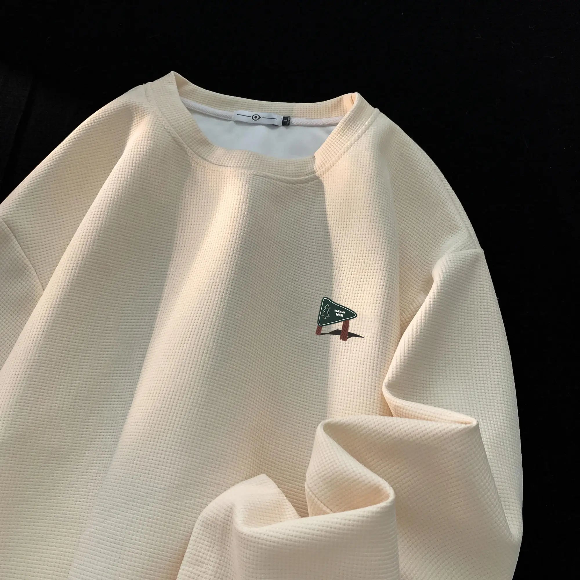 Drawstring Waffle Long Sleeve Pullover Shirt Apricot, XS - Streetwear Sweatshirts - Slick Street