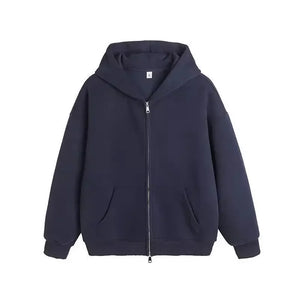 Plain Color Double Zipper Hoodie Navy Blue, M - Streetwear Hoodie - Slick Street