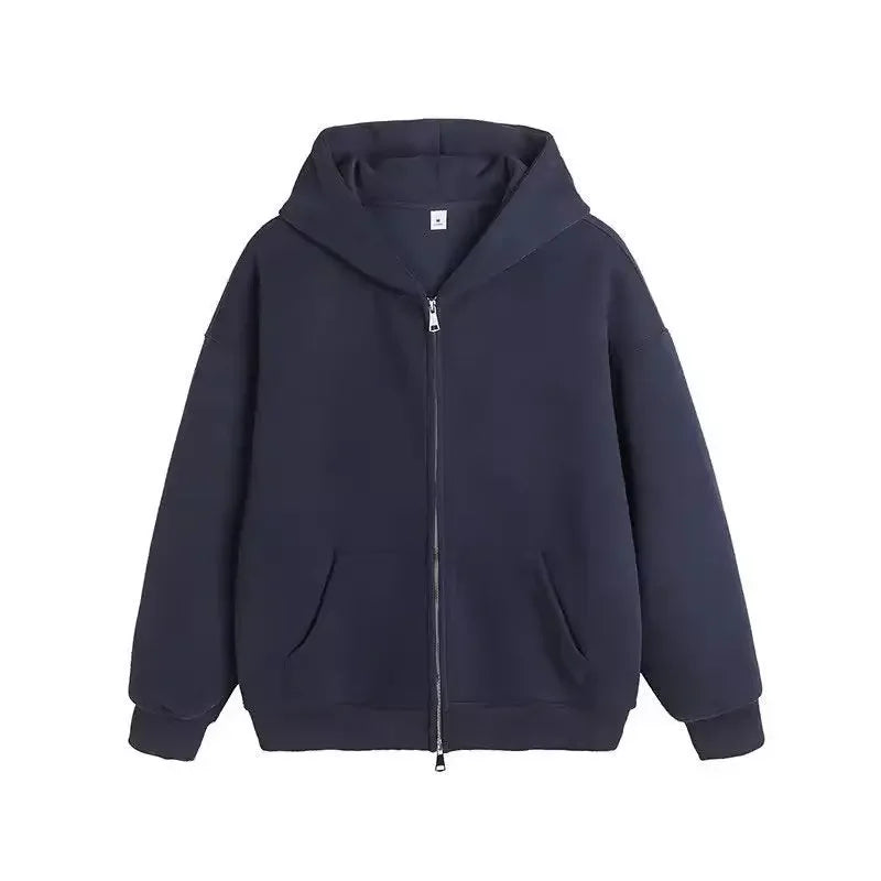 Plain Color Double Zipper Hoodie Navy Blue, M - Streetwear Hoodie - Slick Street