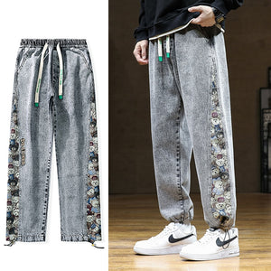 Designer Bear Patchwork Denim Pants Gray, M - Streetwear Pants - Slick Street