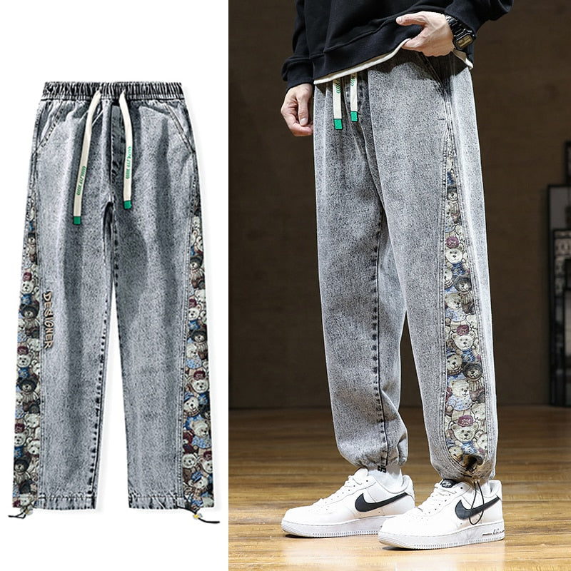 Designer Bear Patchwork Denim Pants Gray, M - Streetwear Pants - Slick Street