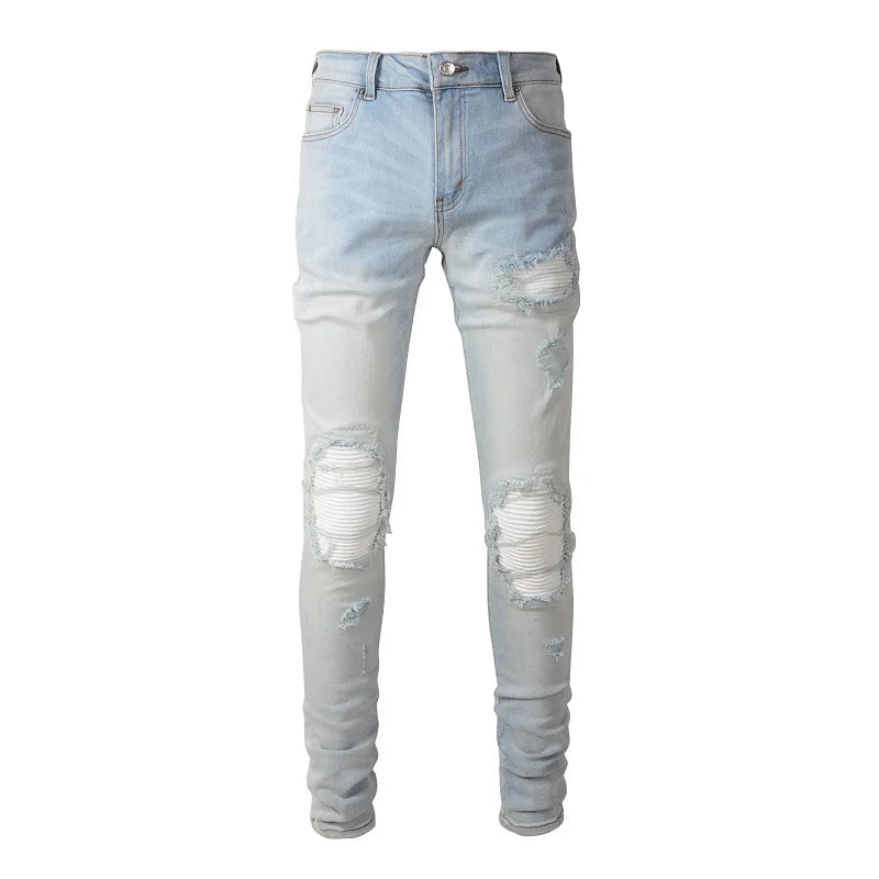 Pale Blue Cracked Pleated Pants Blue, 26 - Streetwear Pants - Slick Street