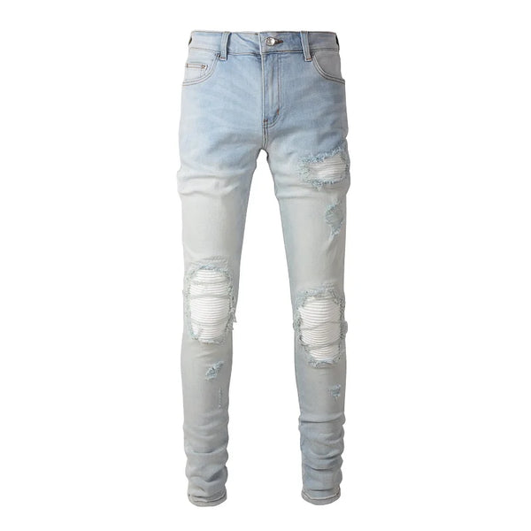 Pale Blue Cracked Pleated Pants Blue, 26 - Streetwear Pants - Slick Street