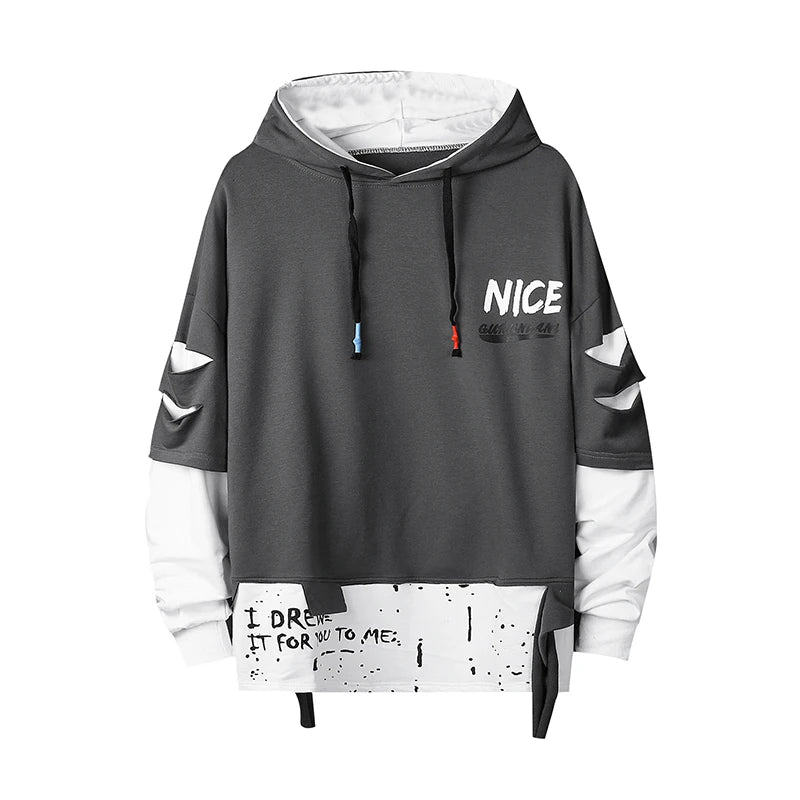 Two Tone Double Layer Style Ripped Hoodie – Slick Street Two Tone Double Layer Style Ripped Hoodie – Slick Street