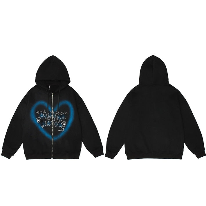 Heart Shape The BUNNY LOVE Anime Zipper Hoodie Black, M - Streetwear Hoodie - Slick Street