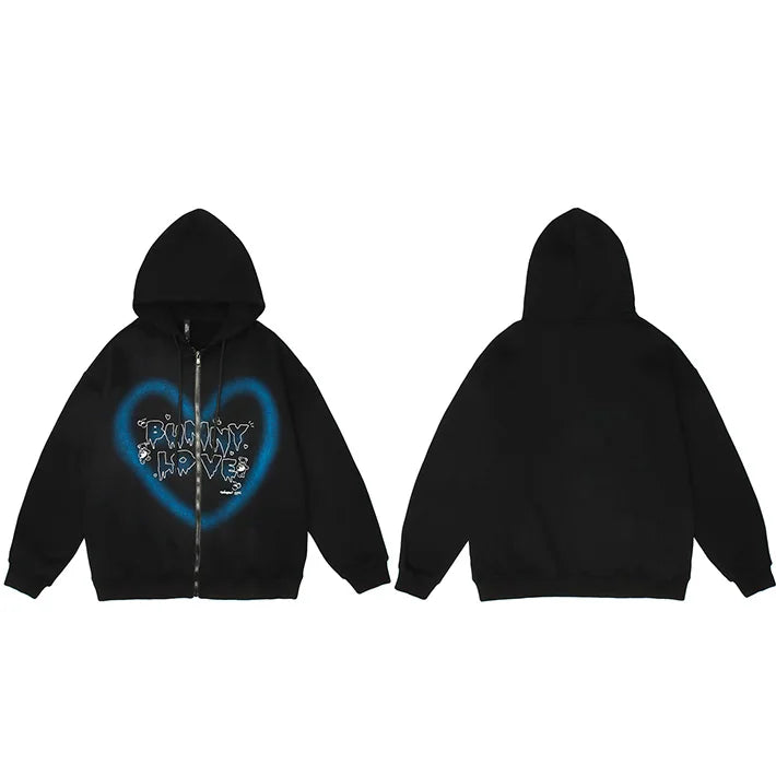 Bunny Lover Graffiti Heart Shape Hoodie Black, XS - Streetwear Hoodie - Slick Street