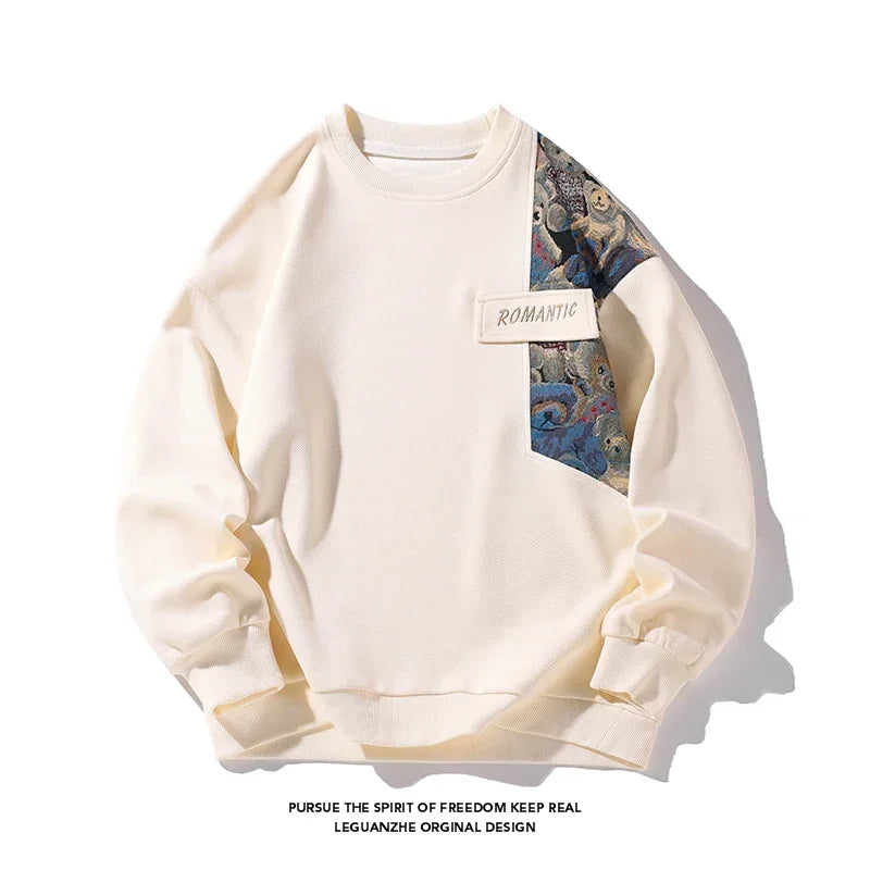 Romantic Bears Pattern Shoulder Patchwork Sweater Beige, XS - Streetwear Sweater - Slick Street