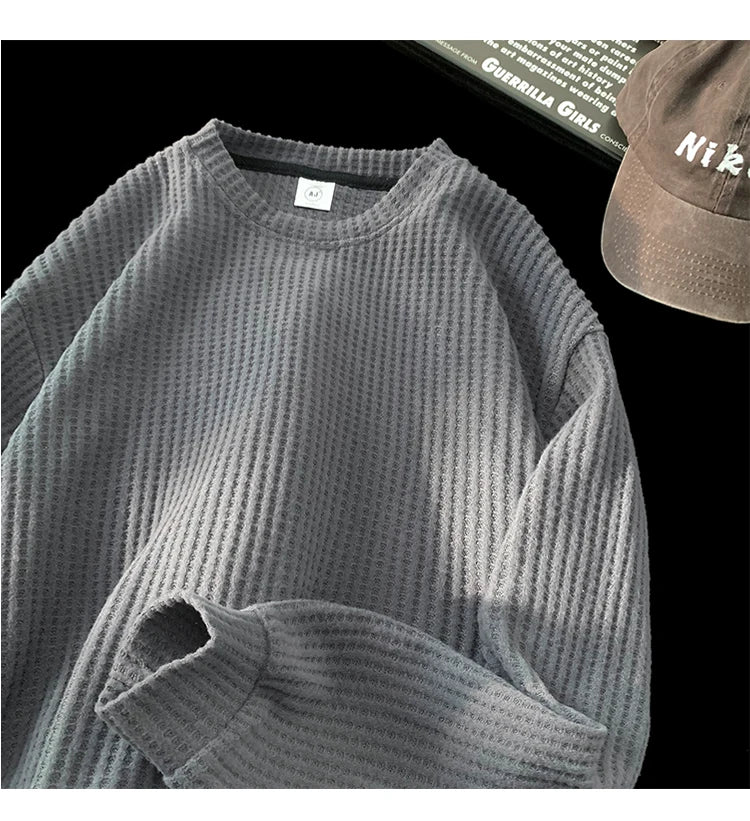 Waffle Knit Long Sleeve Sweater Gray, XS - Streetwear Sweater - Slick Street